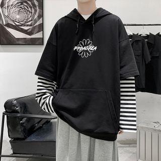Mock Two-piece Striped Lettering Hoodie
