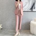 Set: Elbow-sleeve Single-button Blazer + Cropped Dress Pants + Camisole Top