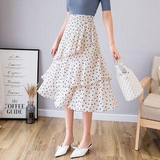 Heart Print Tiered Midi Chiffon Skirt