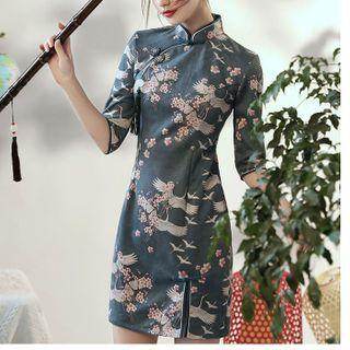 Crane Short-sleeve Sheath Qipao