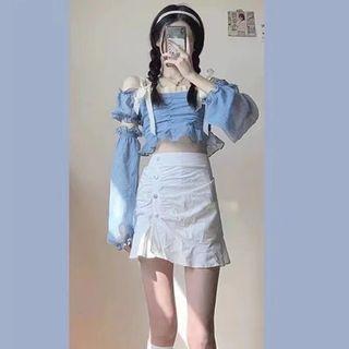 Cold-shoulder Cropped Blouse / Shirred Mini A-line Skirt