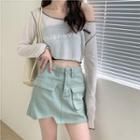 Lettering Cropped Camisole Top / Long-sleeve T-shirt / Denim Mini Skirt