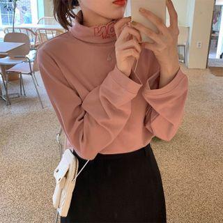 Mock-neck Lettering Embroidered Long-sleeve T-shirt