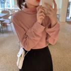 Mock-neck Lettering Embroidered Long-sleeve T-shirt