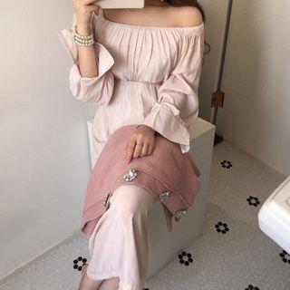 Long-sleeve Off-shoulder Midi A-line Dress Pink - One Size
