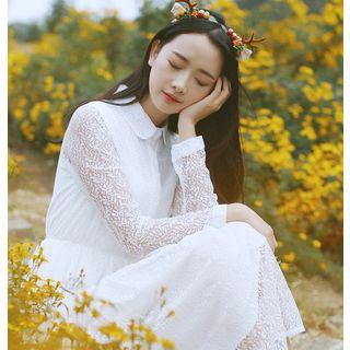 Long-sleeve Lace Midi A-line Collared Dress
