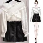 Set: Long-sleeve Frill Trim Top + Faux Leather A-line Mini Skirt