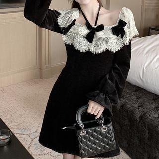 Long-sleeve Halter-neck Lace Panel Velvet Mini A-line Dress