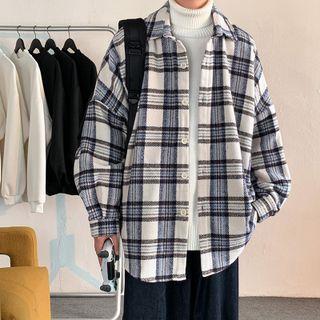 Plaid Color-block Woolen Oversize Jacket