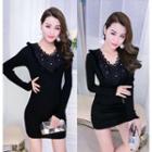 V-neck Lace Frilled Sheath Dress