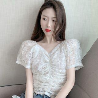 Balloon-sleeve Floral Print Lace Blouse White - One Size