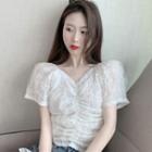 Balloon-sleeve Floral Print Lace Blouse White - One Size
