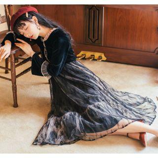 Ruffled Long-sleeve Mesh Midi A-line Dress