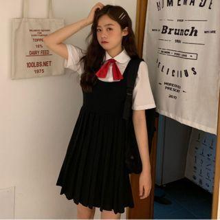 Short-sleeve Shirt / Sleeveless Pleated Dress / Bow / Set
