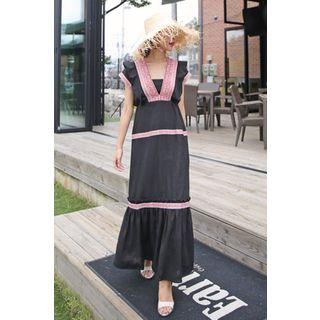 Embroidered-detail Ruffle-hem Long Dress