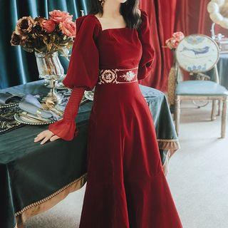 Flower Embroidered Lantern-sleeve Midi A-line Dress