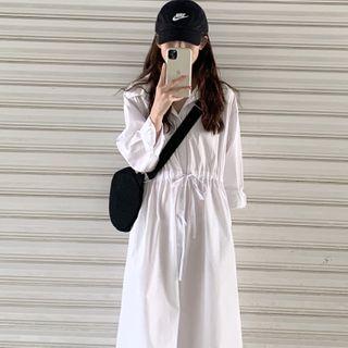Long-sleeve Drawstring Midi A-line Shirt Dress White - One Size