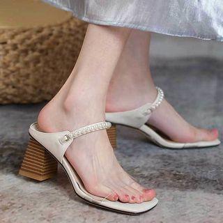 Block Heel Faux Pearl Strap Slide Sandals