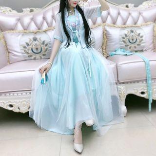 Set: Sleeveless Maxi Hanfu Dress + Light Jacket + Belt