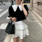Short-sleeve Two-tone Velvet Blouse / Ruffle Skirt