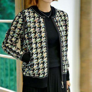 Houndstooth Zip Cardigan Black - One Size