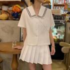 Short-sleeve Sailor Collar Top / Pleated Mini Skirt