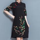 Floral Print Elbow Sleeve Mandarin Collar Dress