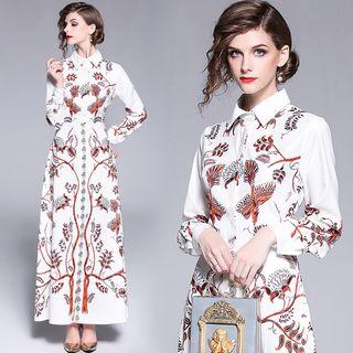 Floral Print Long Sleeve Maxi Shirt Dress