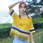 Elbow-sleeve Color Block Fringed Top