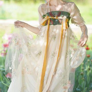 Short-sleeve Square-neck Floral Mesh Midi Dress
