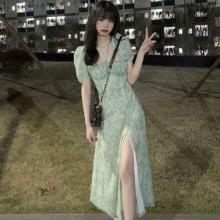 Puff-sleeve Off-shoulder Floral Slit Midi A-line Dress