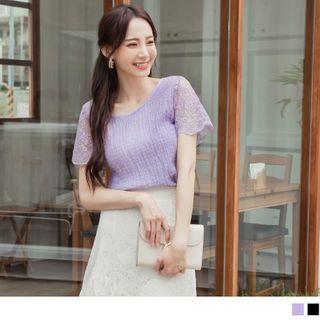 Lace Panel Short Sleeve Ruched Top