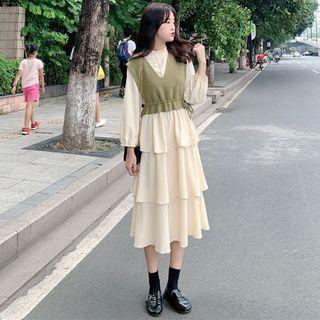 Long-sleeve Midi A-line Dress / V-neck Vest