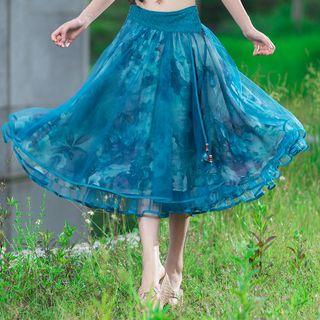 Sheer Panel Printed A-line Midi Skirt