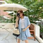 Short-sleeve Patched Gingham Blazer Sky Blue - One Size