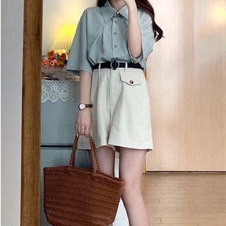Elbow-sleeve Plain Shirt / Shorts / Set