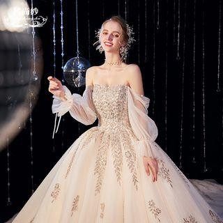 Long-sleeve Off-shoulder Embellished A-line Wedding Gown
