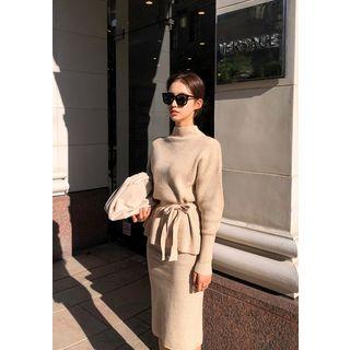 Knit Set : Mockneck Sweater + Sash + Pencil Skirt