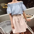 Set: Off-shoulder Short-sleeve Blouse + A-line Skirt