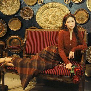Cardigan / Argyle Print Midi A-line Skirt / Belt / Set