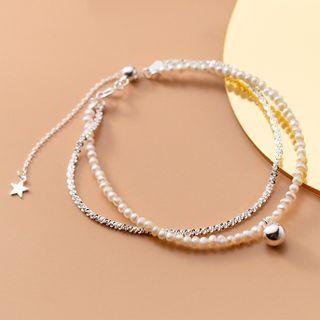 Star Rhinestone Faux Pearl Layered Bracelet S925 Silver - Bracelet - White & Silver - One Size