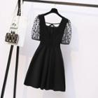 Puff-sleeve Dotted Mesh A-line Dress