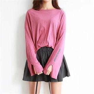 Long-sleeve Slit-cuff Lettering-detail T-shirt