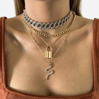 Set Of 4: Snake / Lock Pendant Rhinestone Alloy Necklace (various Designs) 1514 - Set Of 4 - Silver & Gold - One Size