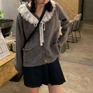 Long-sleeve Lace Trim Knit Cardigan Gray - One Size