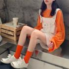 Long-sleeve Plain T-shirt / Wide Leg Dungaree Shorts