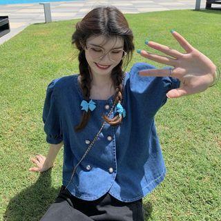 Short-sleeve Double-breasted Denim Blouse Blue - One Size
