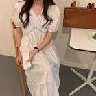 Puff Sleeve Lace Trim Eyelet Dress White - One Size