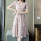 Short-sleeve Crinkled Midi A-line Dress