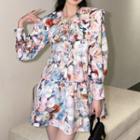 Long-sleeve Floral Print Mini Smock Dress / Frog-button Jacket